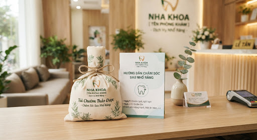 Túi chườm thảo dược và gói dặn dò hướng dẫn chăm sóc sau nhổ